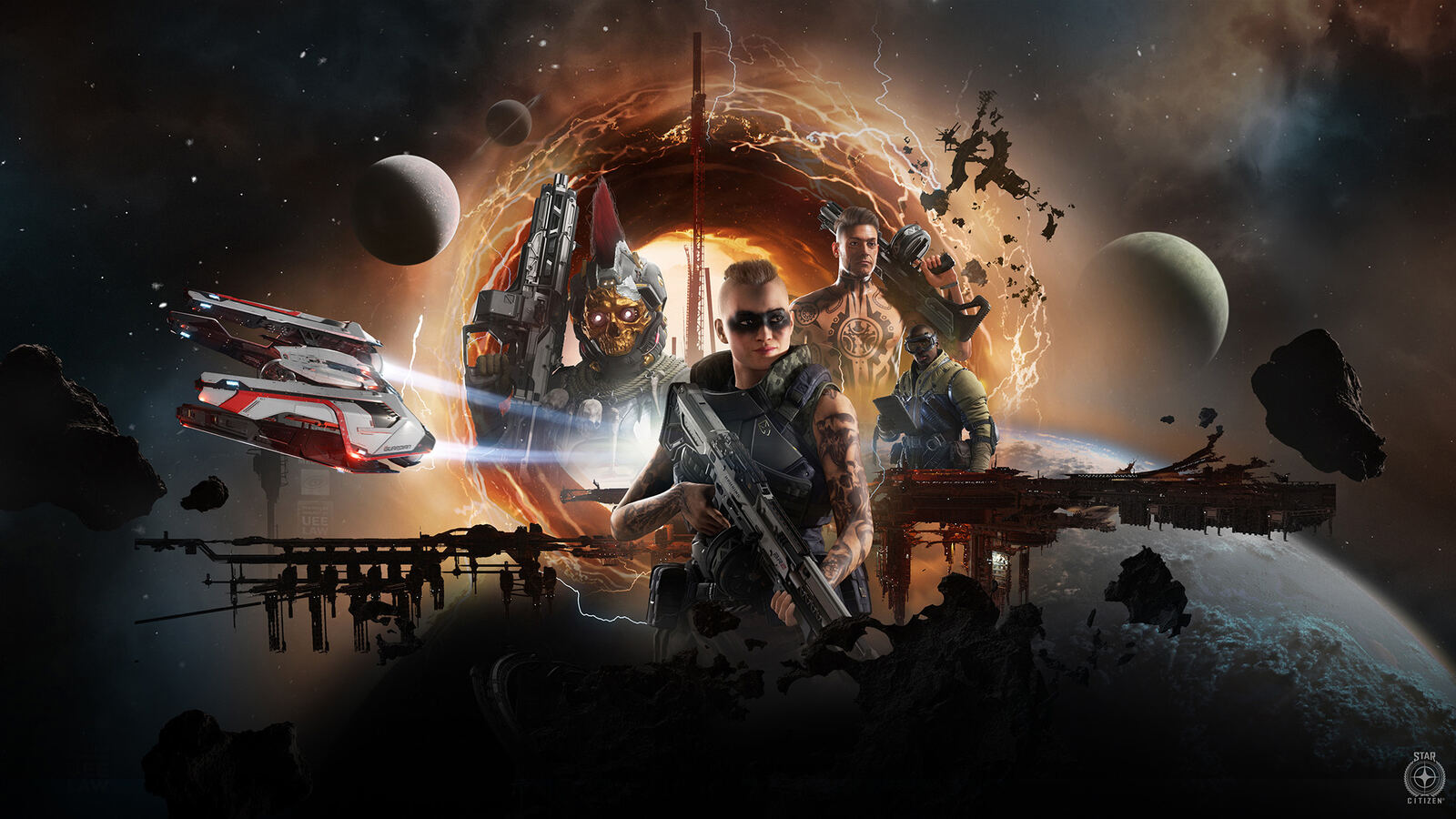 Star Citizen 4.0-plakat med spillere, skibe og et jump point